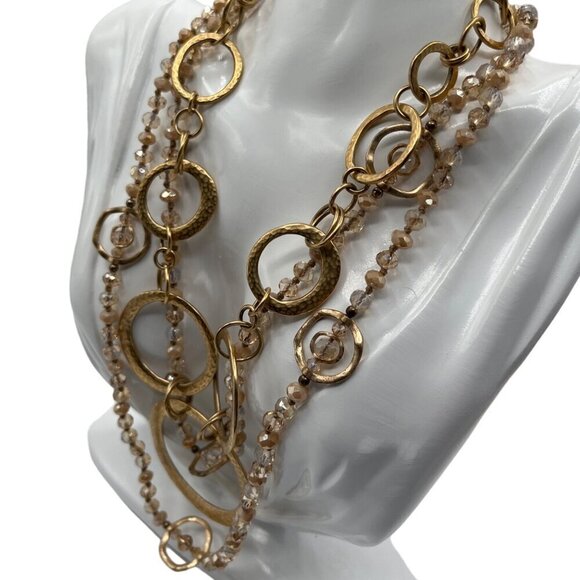 Gold & Crystal Beaded Multi-Layer Necklace With Large Hammered Rings  M07 - Picture 2 of 7